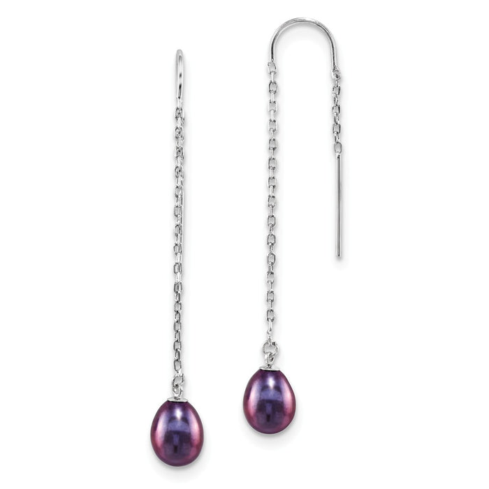 925 Sterling Silver Rhodium-plated 7-8mm Black Rice Freshwater Cultured Pearl Threader Earrings, 60mm x 7.5mm