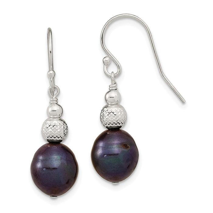 925 Sterling Silver 8-9mm Black Rice Freshwater Cultured Pearl Dangle Earrings, 31mm x 8.25mm