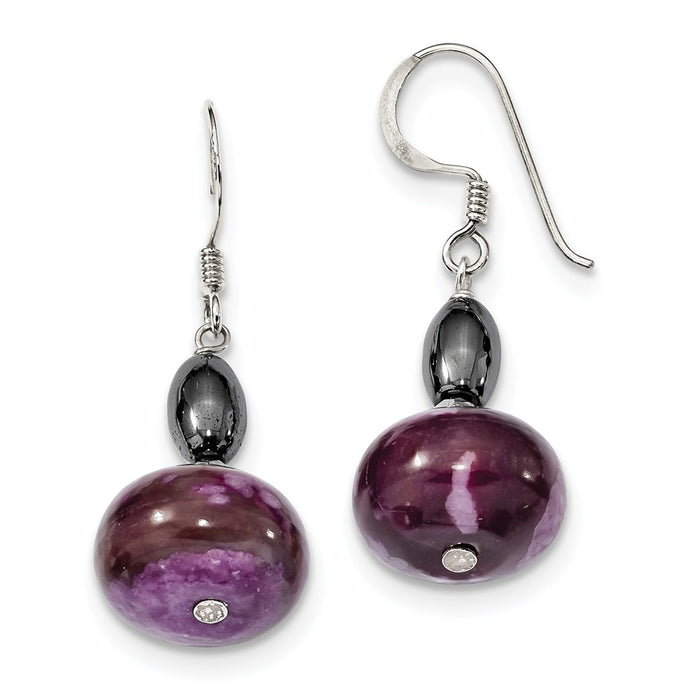 925 Sterling Silver Crystal/Hematite/Purple Magnesite Shepherd Hook Earrings, 20.5mm x 14.3mm