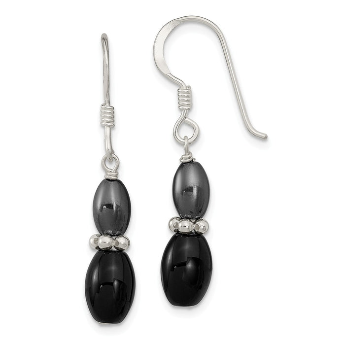 925 Sterling Silver Black Agate & Hematite Shepherd Hook Earrings, 38mm x 6.5mm