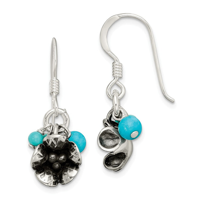 Million Charms 925 Sterling Silver Turq. Howlite/Recon. Magnesite Flower Shepherd Hook Earrings, 42mm x 4.3mm