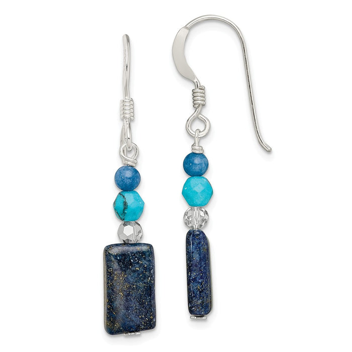 Million Charms 925 Sterling Silver Crystal/Iolite/Lapis/Bl.Quartz/Recon.Bl. Magnesite Shep. Hook Earrings, 39mm x 6.25mm