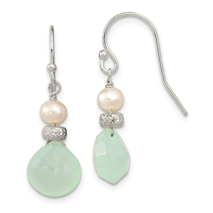 925 Sterling Silver Chalcedony and Freshwater Cultured Pearl Dangle Earrings, 300mm x 9.5mm