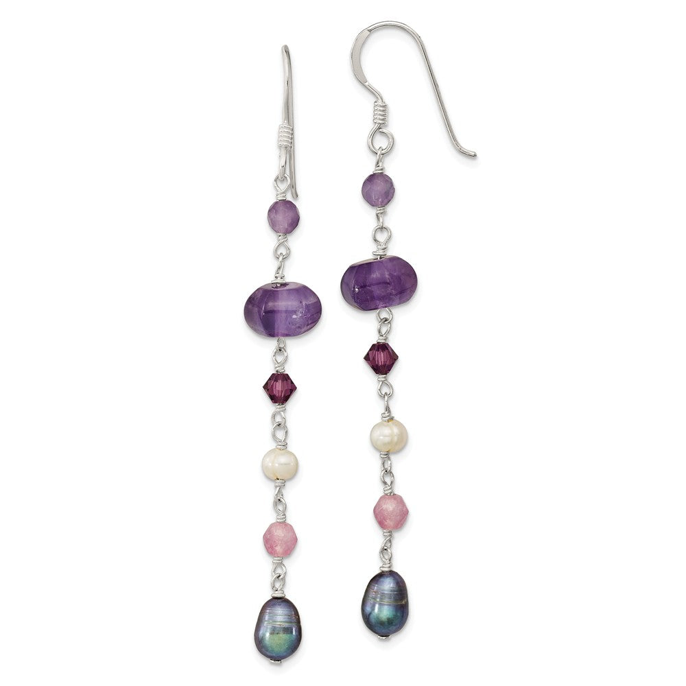 Million Charms 925 Sterling Silver Freshwater Cultured Pearl (Grey & White)/Amy/Lavender Jade Shep. Hook Earrings, 74mm x 7.5mm