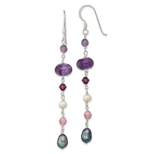Million Charms 925 Sterling Silver Freshwater Cultured Pearl (Grey & White)/Amy/Lavender Jade Shep. Hook Earrings, 74mm x 7.5mm
