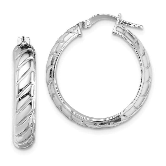925 Sterling Silver Rhodium-plated 5mm Polished Textured Hoops, 25.2mm x 23.7mm