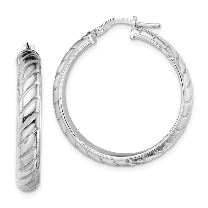 925 Sterling Silver Rhodium-plated 5mm Textured Hinged Hoops, 31.4mm x 28.8mm