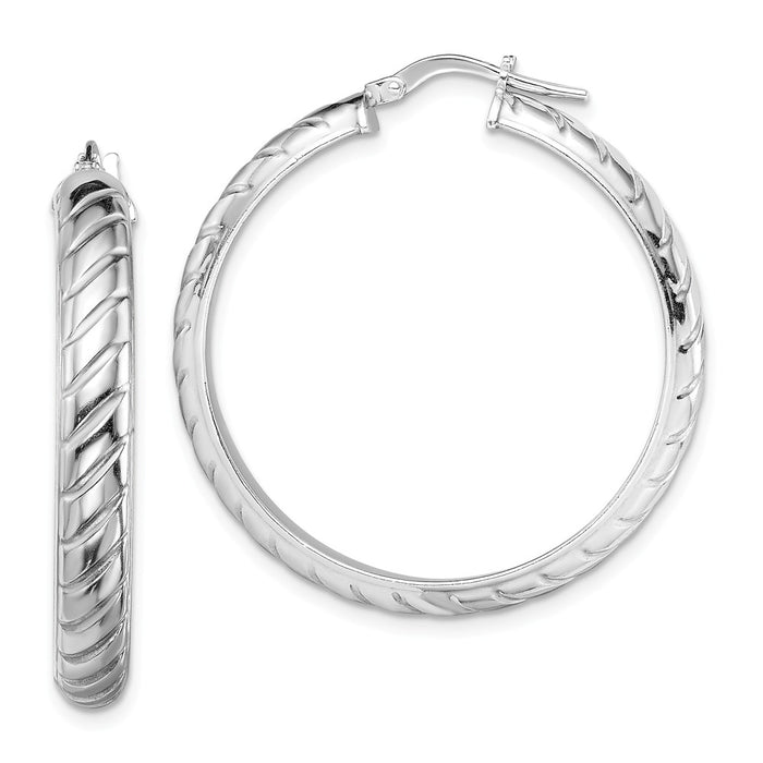 925 Sterling Silver Rhodium-plated 5mm Polished Textured Hoops, 36.6mm x 34.5mm