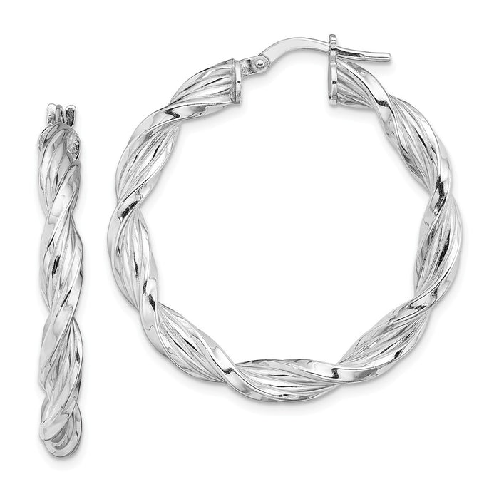 925 Sterling Silver Rhodium-plated Polished Twisted Hoop Earrings, 34.3mm x 32.7mm