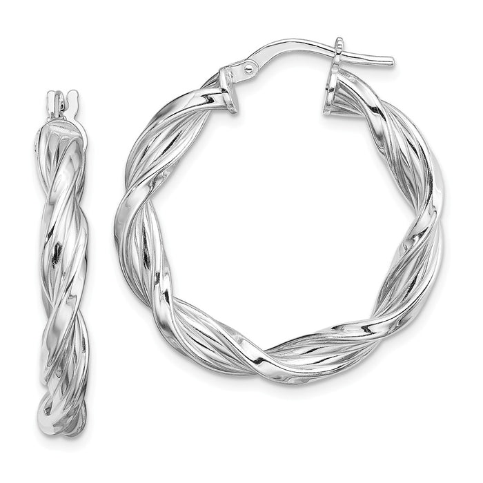 925 Sterling Silver Rhodium-plated Polished Twisted Hoop Earrings, 29.4mm x 27.6mm