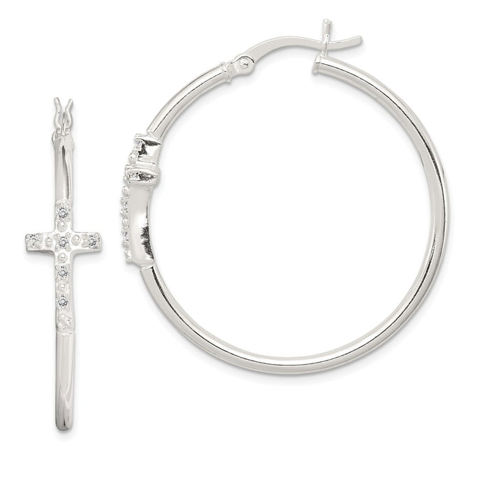 925 Sterling Silver with Cubic Zirconia ( CZ ) Cross Hoop Earrings, 37.8mm