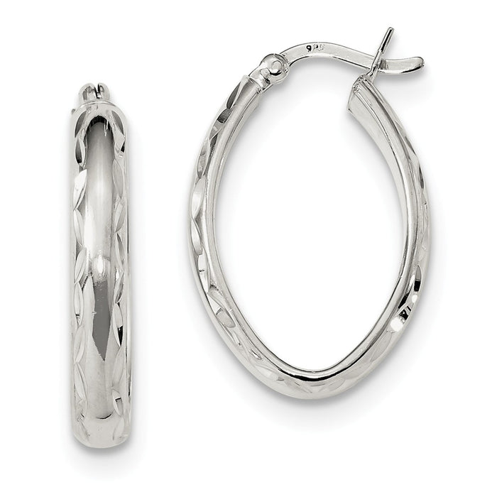 925 Sterling Silver Polished Diamond-cut Edge Oval Hoop Earrings, 25.8mm x 17.5mm