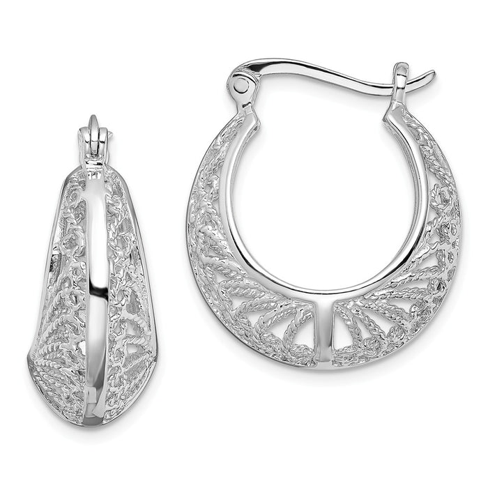 925 Sterling Silver Rhodium-plated Polished and Textured Hoop Earrings, 25.3mm x 22.1mm