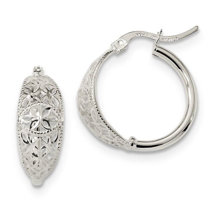 925 Sterling Silver Diamond-cut Open Flower Hoop Earrings, 22.5mm x 21.3mm