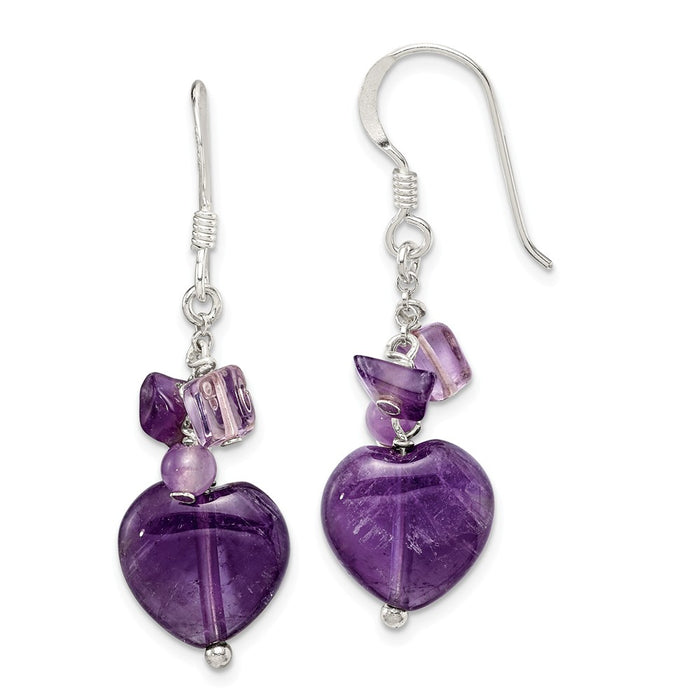 925 Sterling Silver Amethyst Heart Dangle Earrings, 37mm x 12mm