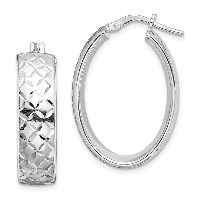 925 Sterling Silver Rhodium-plated Polished Diamond-cut Oval Hoops, 27.5mm x 19.1mm
