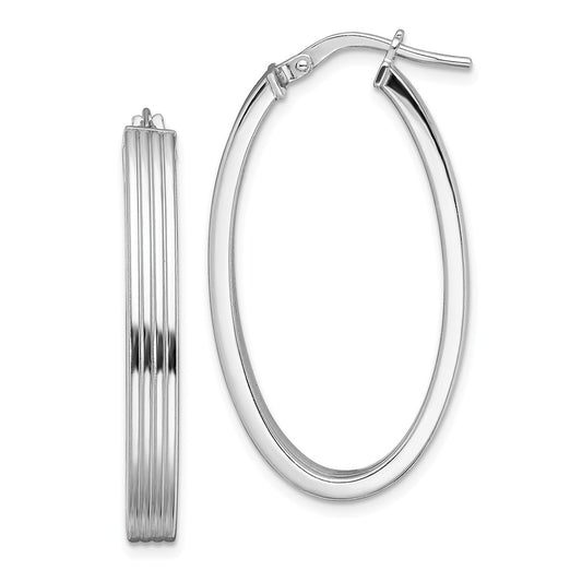 925 Sterling Silver Rhodium-plated Polished Textured Oval Hoops, 35.44mm x 19.9mm