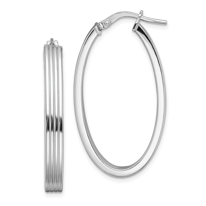 925 Sterling Silver Rhodium-plated Polished Textured Oval Hoops, 35.44mm x 19.9mm