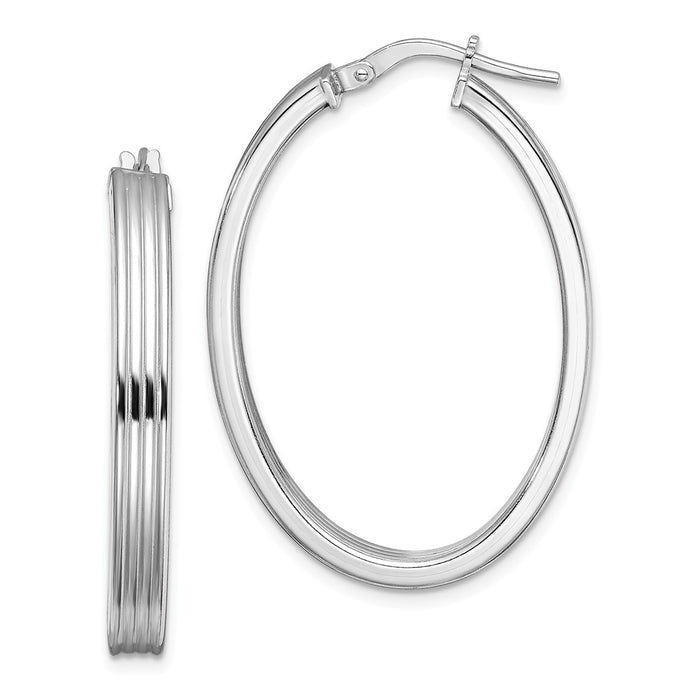 925 Sterling Silver Rhodium-plated Polished Textured Oval Hoops, 35.1mm x 23.8mm