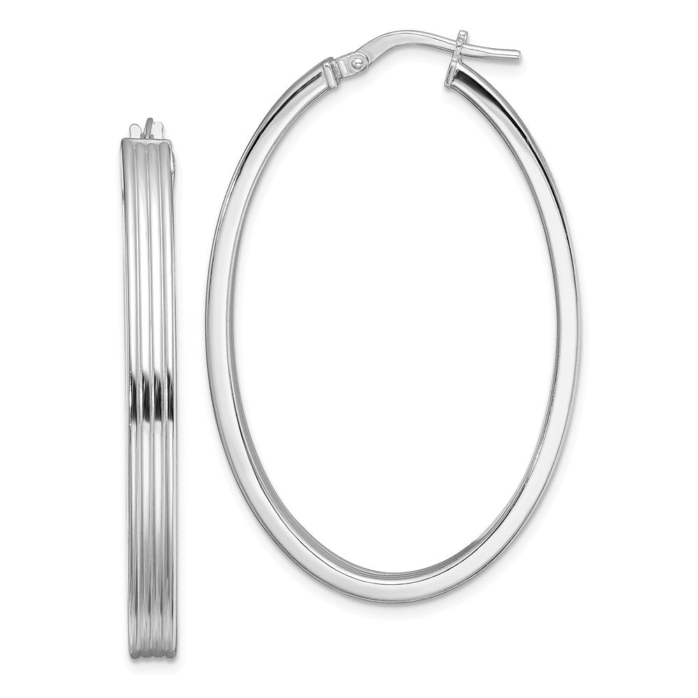 925 Sterling Silver Rhodium-plated Polished Textured Oval Hoops, 44.6mm x 30mm