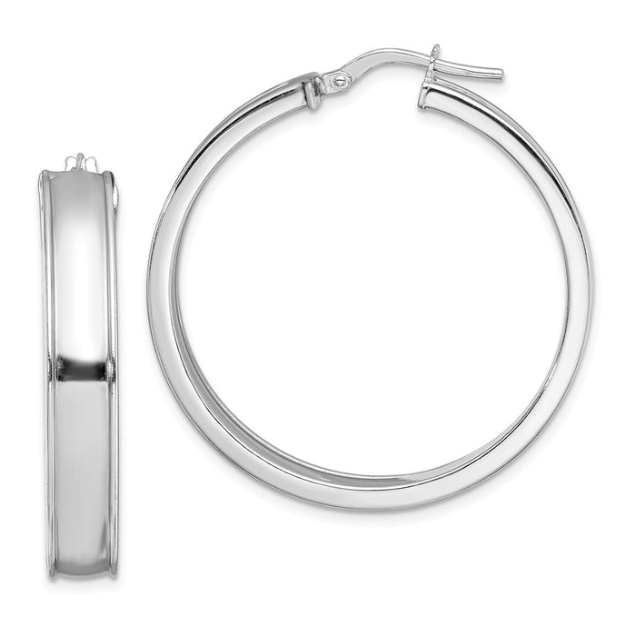 925 Sterling Silver Rhodium-plated Polished Beveled Edge Hoops, 36mm x 34.4mm