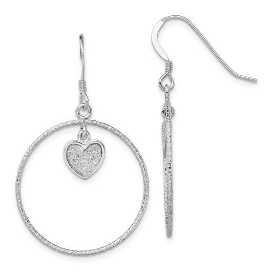 925 Sterling Silver Rhodium-plate Diamond-Cut Enamel Glitter Fabric Heart / Circle Earr, 40.1mm x 24.7mm