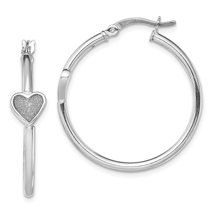 925 Sterling Silver Rhodium-plated Enamel Glitter Fabric Heart Hoop Earrings, 32.2mm x 30mm