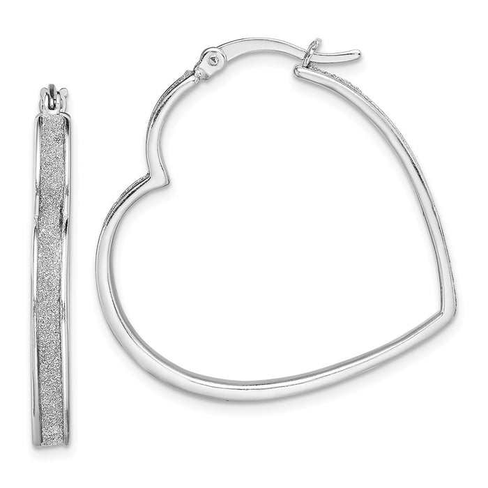 925 Sterling Silver Rhodium-plated Enamel Glitter Fabric Heart Shaped Hoop Earr, 29.5mm x 32.1mm