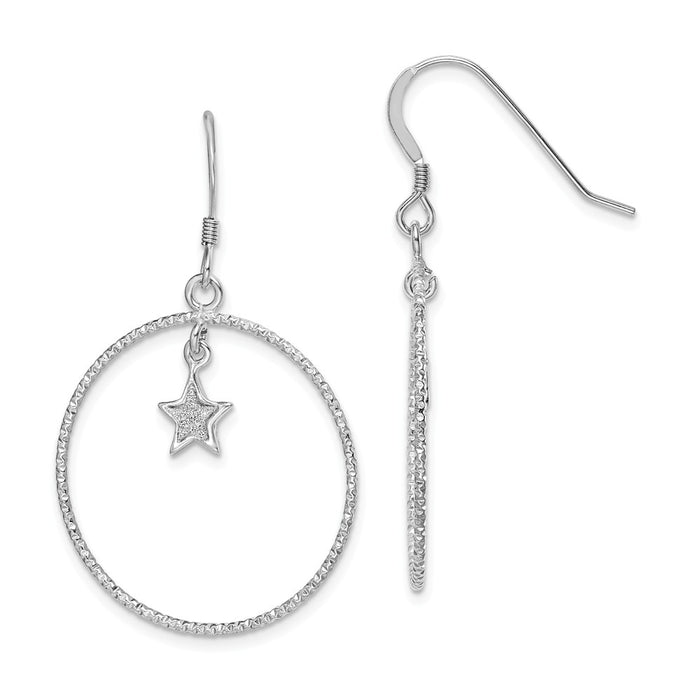 925 Sterling Silver Rhodium-plate Enamel Glitter Fabric Star Diamond-Cut Circle Earring, 39.5mm x 24.8mm