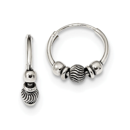 925 Sterling Silver Antiqued Beaded Endless Hoop Earrings, 14.7mm x 14.2mm