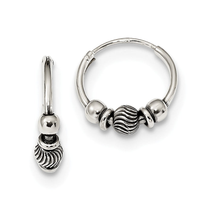 925 Sterling Silver Antiqued Beaded Endless Hoop Earrings, 14.7mm x 14.2mm