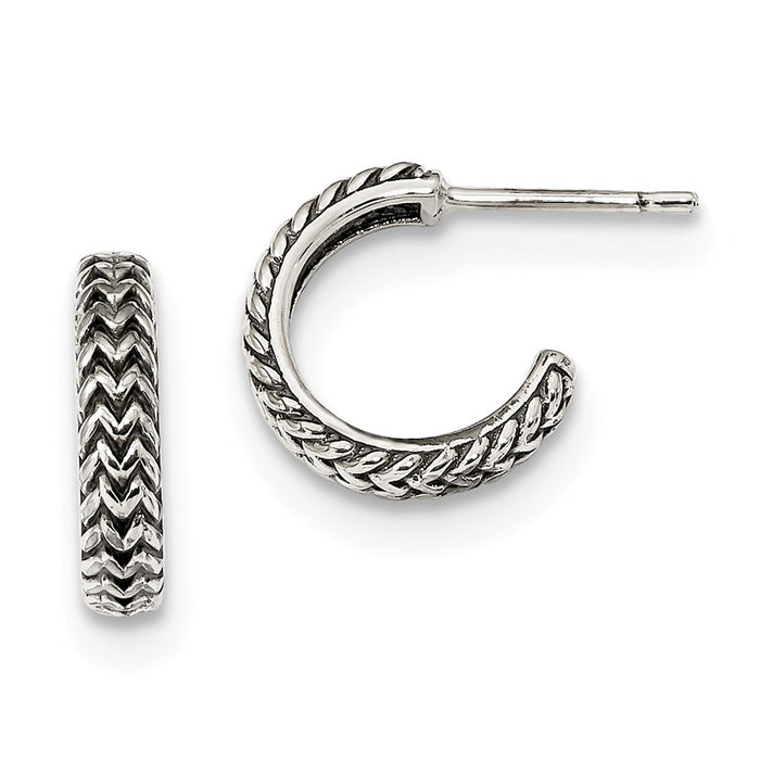 925 Sterling Silver Antiqued Small Zig Zag Hoop Earrings, 14.1mm x 14.1mm