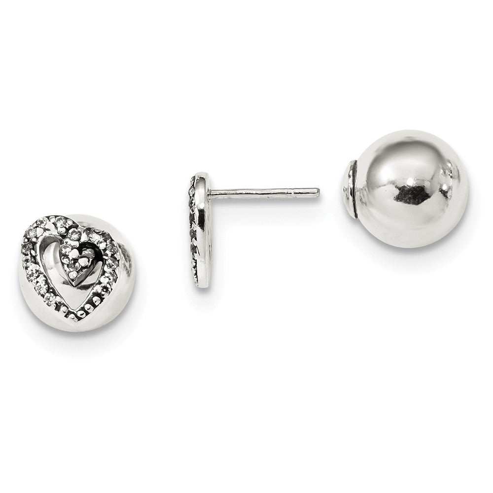 925 Sterling Silver Polished with Cubic Zirconia ( CZ ) Heart Front Back Post Earrings, 10mm x 9mm