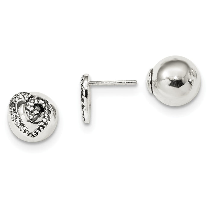 925 Sterling Silver Polished with Cubic Zirconia ( CZ ) Heart Front Back Post Earrings, 10mm x 9mm