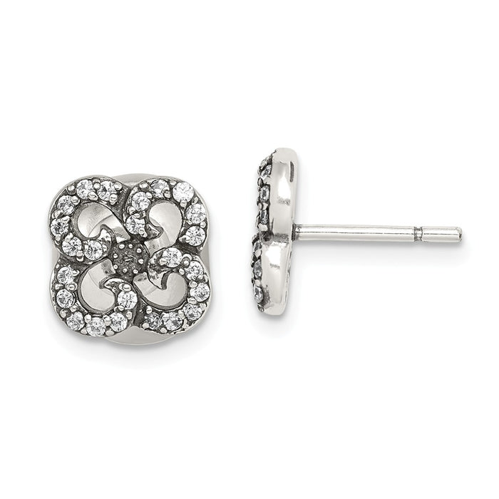 925 Sterling Silver Antiqued Cubic Zirconia ( CZ ) Flower Front & Back Post Earrings, 9mm x 9mm