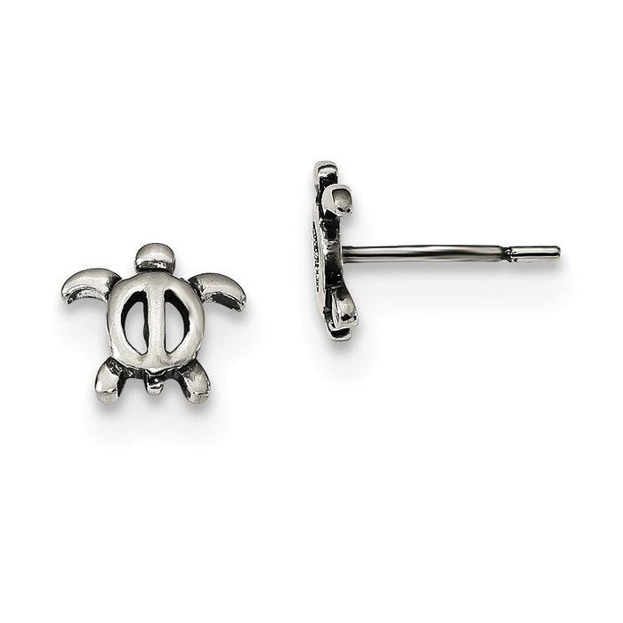 925 Sterling Silver Antiqued Turtle Post Earrings, 7.75mm x 8.5mm