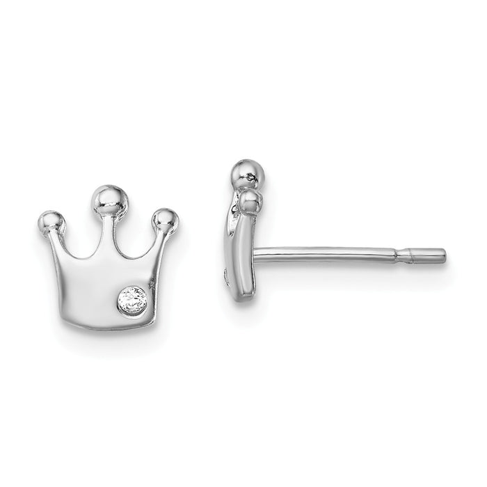925 Sterling Silver Rhodium-plated Cubic Zirconia ( CZ ) Crown Post Earrings, 7.5mm x 7.2mm