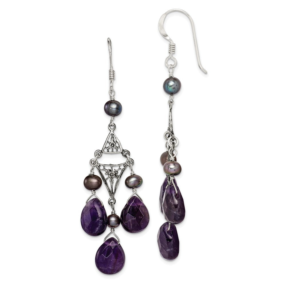 925 Sterling Silver Amethyst & Peacock Freshwater Cultured Pearl Earrings, 64mm x 8mm