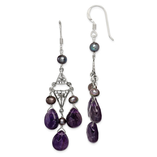 925 Sterling Silver Amethyst & Peacock Freshwater Cultured Pearl Earrings, 64mm x 8mm