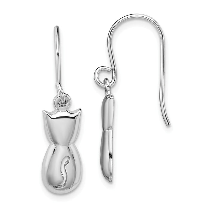925 Sterling Silver Rhodium-plated Polished Cat Dangle Earrings, 29.5mm x 6.2mm