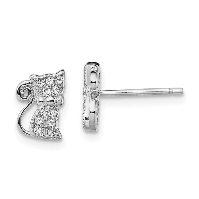 925 Sterling Silver Rhodium-plated Cubic Zirconia ( CZ ) Cat Post Earrings, 8.85mm x 6mm