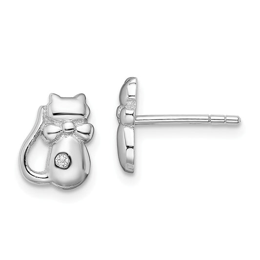 925 Sterling Silver Rhodium-plated Cubic Zirconia ( CZ ) Cat Post Earrings, 9.25mm x 7mm