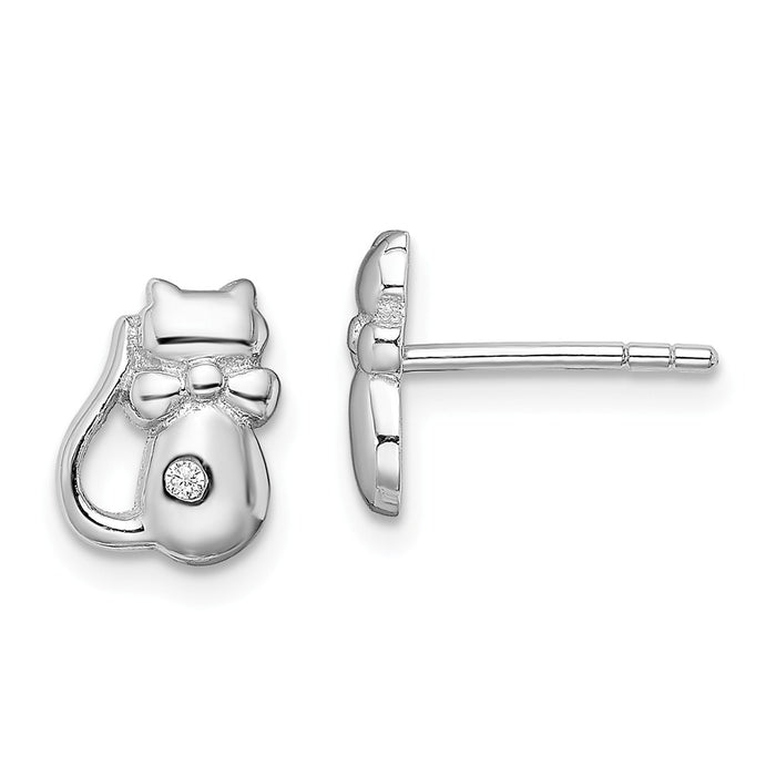 925 Sterling Silver Rhodium-plated Cubic Zirconia ( CZ ) Cat Post Earrings, 9.25mm x 7mm