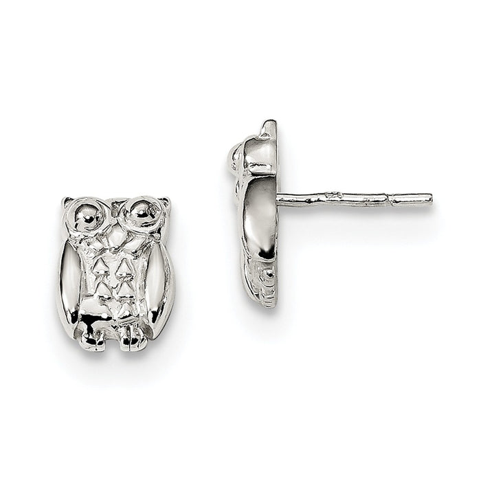 925 Sterling Silver Polished Owl Post Earrings, 10.1mm x 7.2mm