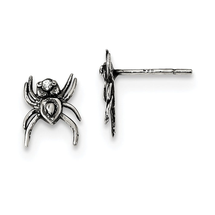 925 Sterling Silver Antiqued Cubic Zirconia ( CZ ) Spider Post Earrings, 10.15mm x 7.1mm