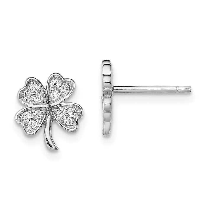 925 Sterling Silver Rhodium-plated Cubic Zirconia ( CZ ) 4 Leaf Clover Post Earrings, 9.36mm x 8.6mm