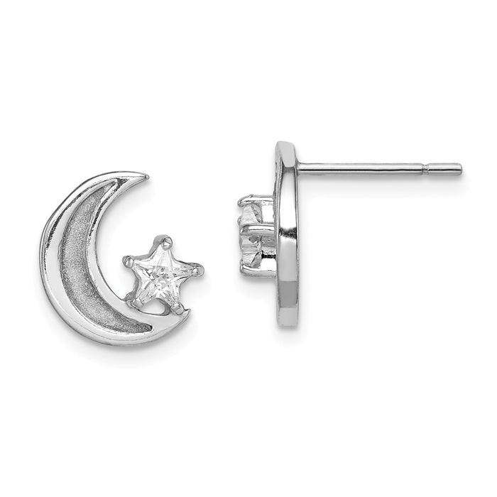 925 Sterling Silver Rhodium-plate Enamel Glitter Fabric Moon & Cubic Zirconia ( CZ ) Star Earrings, 11.35mm x 10.1mm