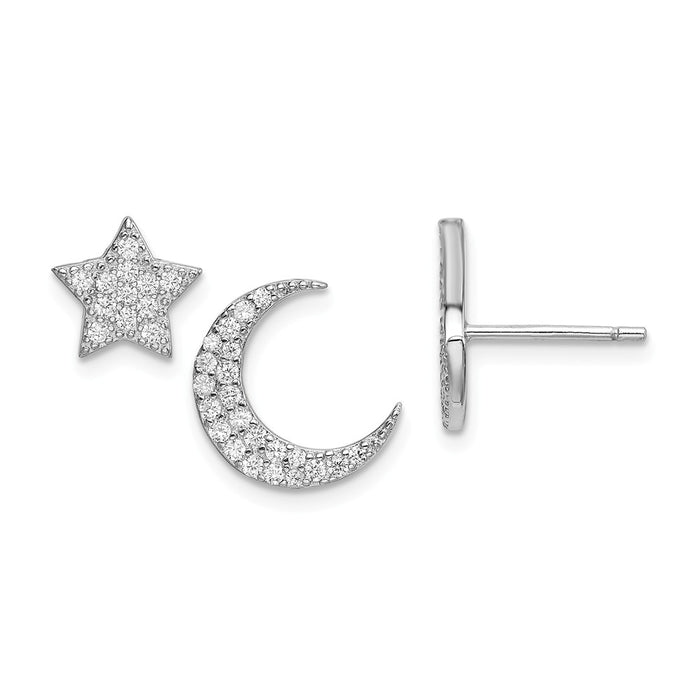 925 Sterling Silver Rhodium-plated Cubic Zirconia ( CZ ) Star & Moon Post Earrings, 11.1mm x 11mm