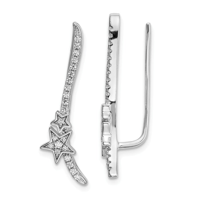 925 Sterling Silver Rhodium-plated Cubic Zirconia ( CZ ) Star Ear Climber Earrings, 28mm x 9.2mm