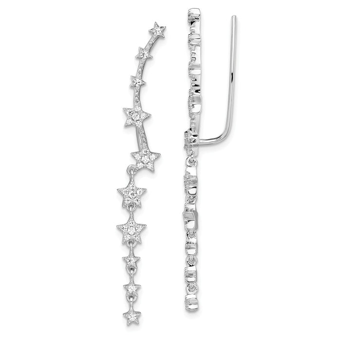 925 Sterling Silver Rhodium-plated Cubic Zirconia ( CZ ) Stars Ear Climber Earrings, 51mm x 5mm